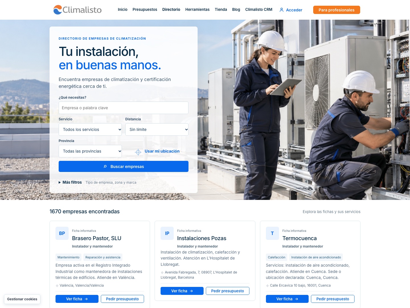 Directorio real de Climalisto con filtros de búsqueda y fichas de empresas de climatización