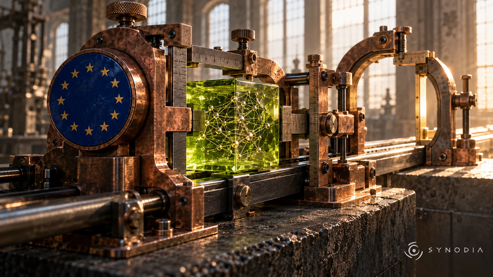 Un núcleo de inteligencia artificial de cristal verde atraviesa controles mecánicos de cobre con un emblema europeo, como metáfora de la regulación y los retrasos.