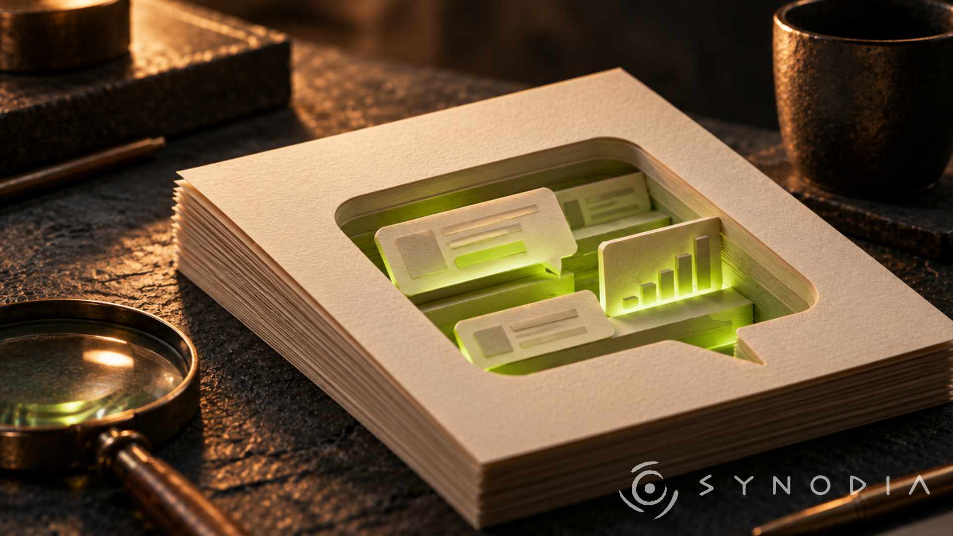Bocadillo de chat de papel con anuncios y un gráfico iluminados en verde