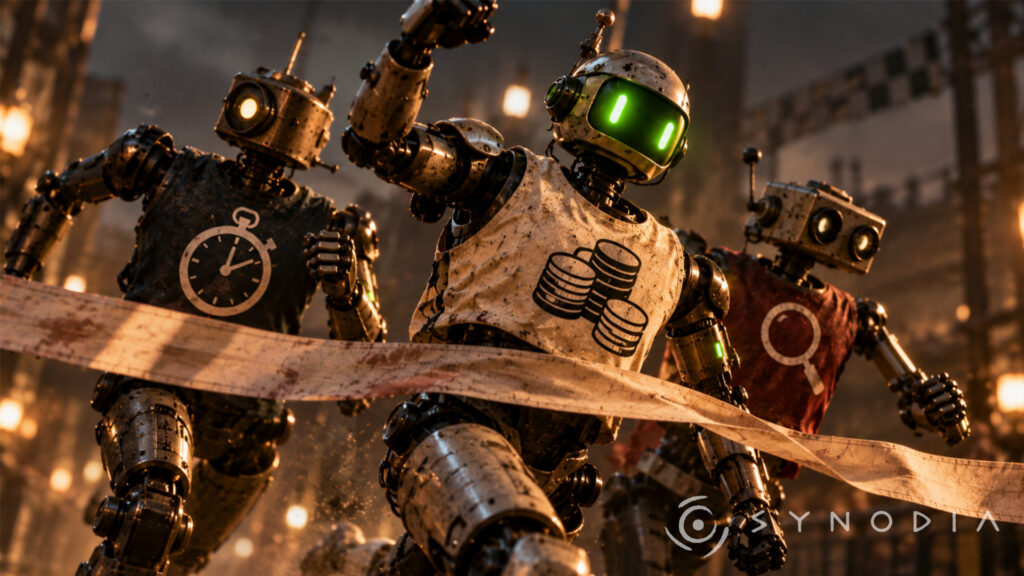 Tres robots cruzan una meta con símbolos de tiempo, coste y revisión; ilustración de Synodia.