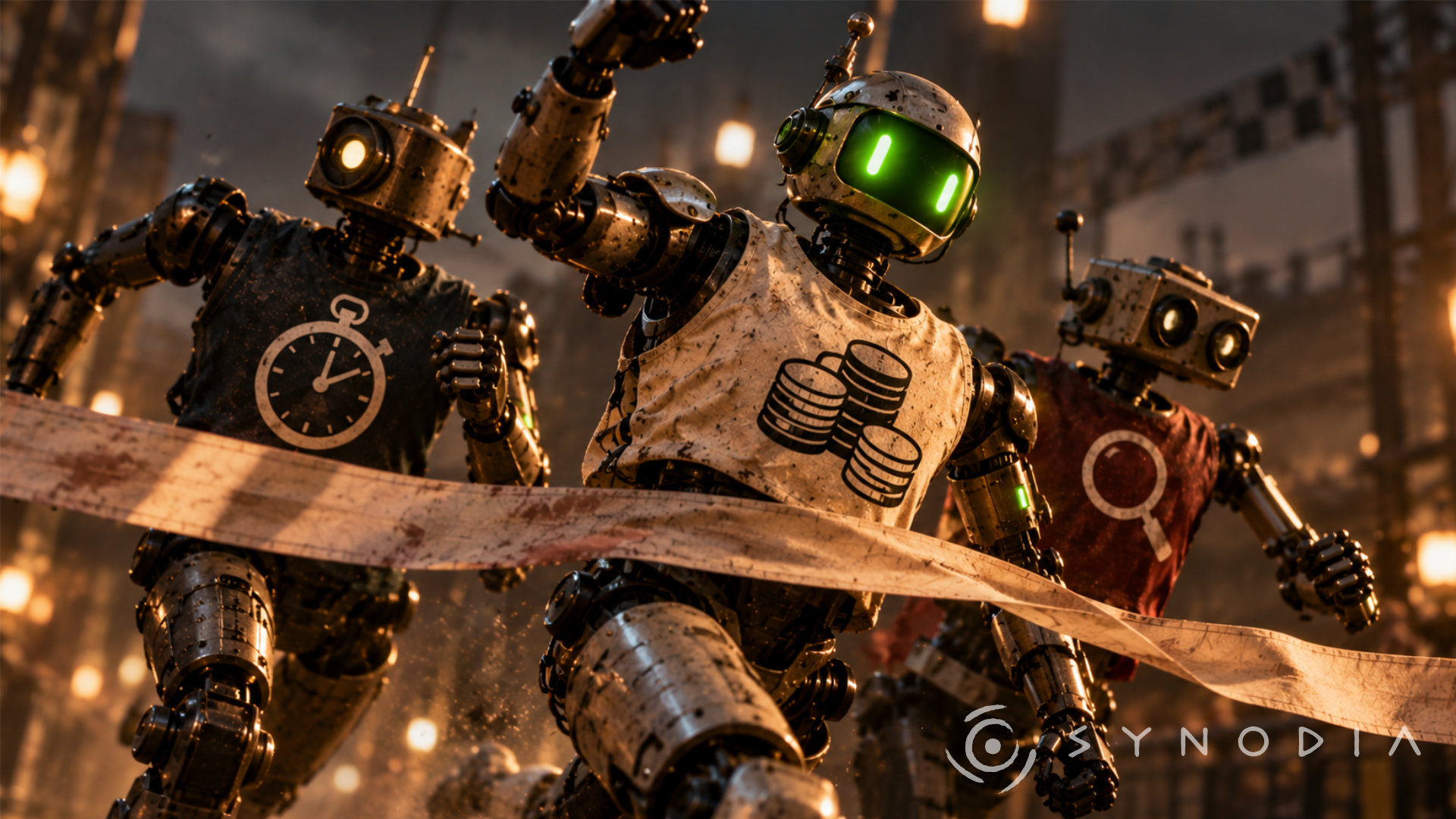 Tres robots cruzan una meta con símbolos de tiempo, coste y revisión; ilustración de Synodia.