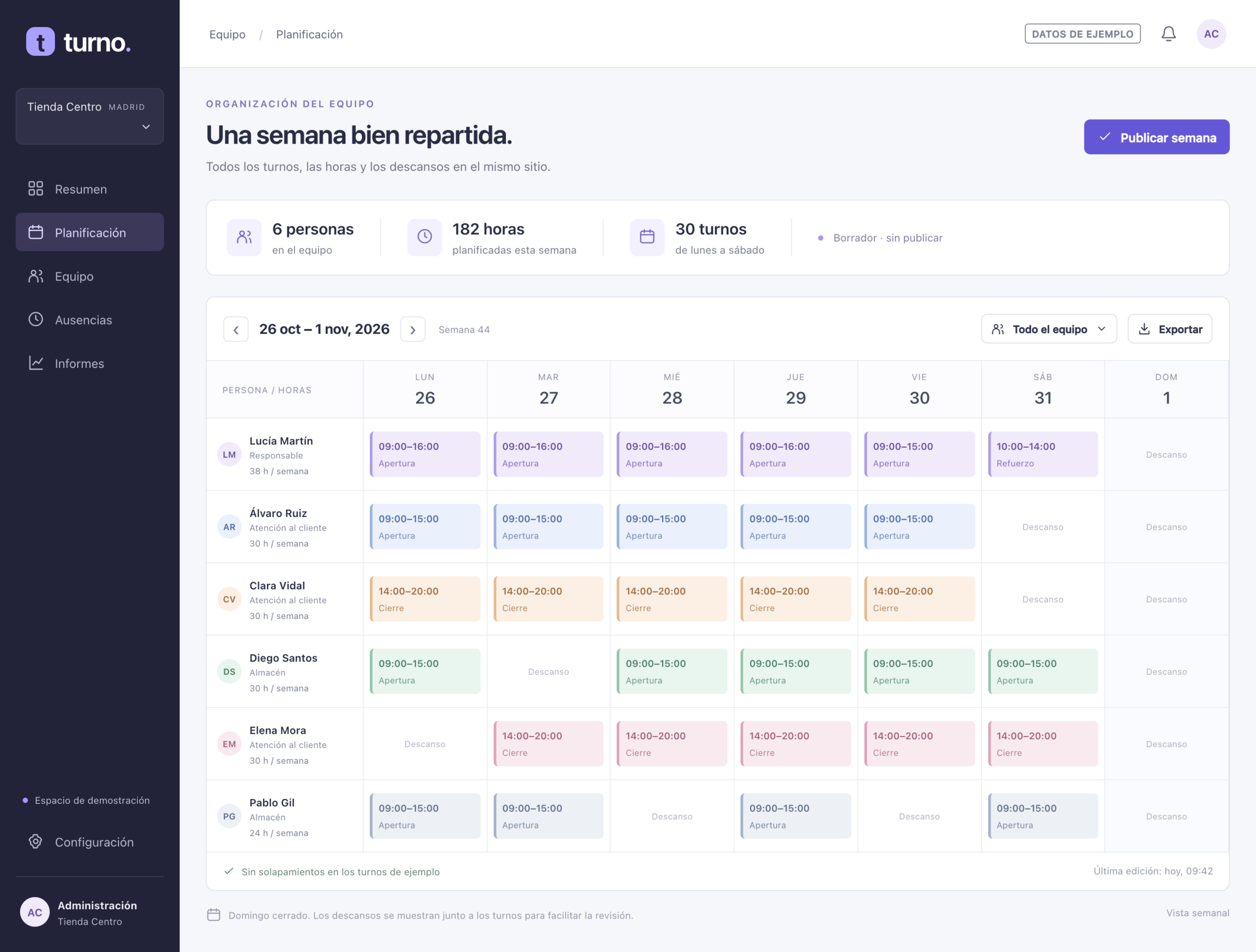 Maqueta de Turno: calendario semanal de seis personas, con horarios y descansos.